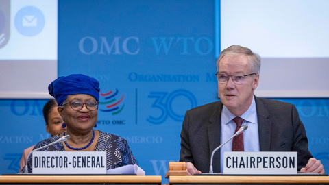 La directora general de la OMC (o WTO en sus siglas en inglés), Ngozi Okonjo-Iweala, y el presidente del Consejo General de la organización, Petter Ølberg.