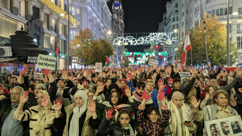 Miles de personas exigen el alto al fuego en Gaza y la ruptura de las relaciones entre España e Israel, en Gran Vía (Madrid), a 30 de noviembre de 2024.