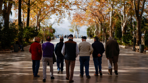 Un grupo de pensionistas dan un paseo por el parque de Alameda del Tajo, en el centro de la localidad malagueña de Ronda. REUTERS/Jon Nazca