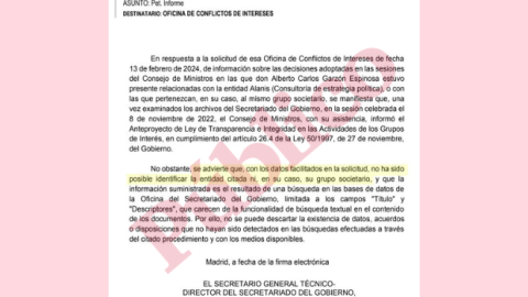 06/12/2024 Fragmento del informe de la Secretaría General Técnica - Secretariado del Gobierno sobre la compatibilidad de Garzón para trabajar en Alanis.