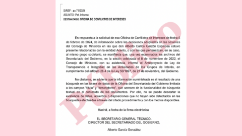 06/12/2024 Fragmento del informe de la Secretaría General Técnica - Secretariado del Gobierno sobre la compatibilidad de Garzón para trabajar en Acento.