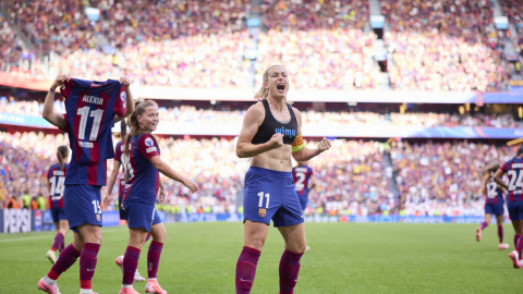 Alexia Putellas celebrando el gol que certificaba la consecución de la tercera Champions del Barça. (Foto: Europa Press)