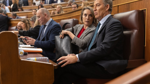 El portavoz del PP en el Congreso, Miguel Tellado, la secretaria general del PP, Cuca Gamarra, y el presidente del Partido Popular, Alberto Núñez Feijóo.