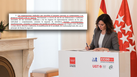 Isabel Díaz Ayuso, presidenta de la Comunidad de Madrid, en la firma del convenio colectivo del personal  laboral al servicio de la administración de la CAM (2025-2028), el 10 de diciembre de 2024