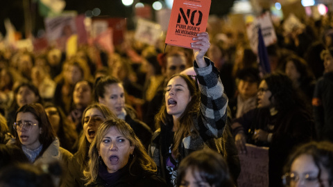 Una mujer levanta un libro de Cristina Fallarás durante la manifestación organizada por la Comisión 8M con motivo del 25N y bajo el lema "Juntas, el miedo cambia de bando", en Madrid.