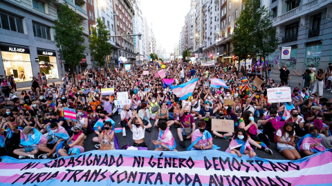 Cientos de personas durante una manifestación centrada en el colectivo trans y convocada por Orgullo Crítico en 2021. Madrid.