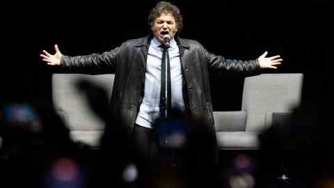 El presidente argentino, Javier Milei, durante la presentación de su libro ‘Capitalismo, socialismo y la trampa neoclásica’, en Buenos Aires (Argentina).