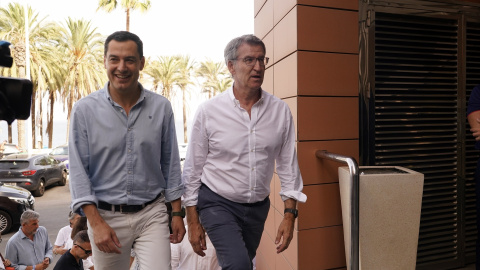 (Foto de ARCHIVO)El presidente del PP, Alberto Núñez Feijóo, junto al presidente de la Junta de Andalucía, Juanma Moreno, este verano en Málaga.Álex Zea / Europa Press19/7/2024