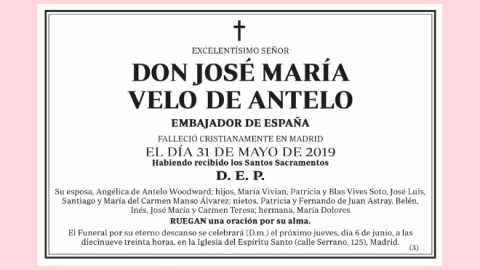 Esquela tras el fallecimiento de José María Velo de Antelo.