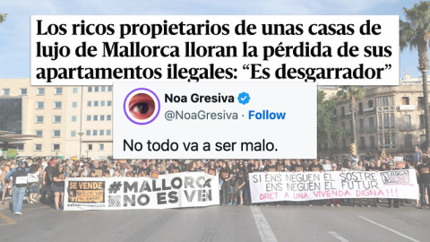 Montaje de una manifestación contra la especulación de la vivienda en Mallorca junto a un tuit en la red social X.