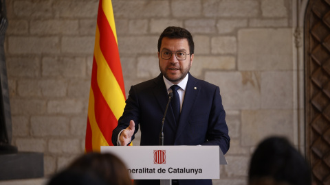 El expresident de la Generalitat, Pere Aragonès, durante una rueda de prensa tras la reunión semanal del Consell Executiu, en el Palau de la Generalitat, a 6 de agosto de 2024,