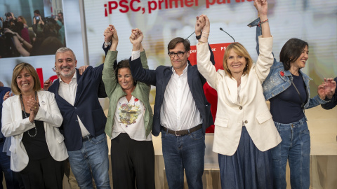 Fotografía de la celebración en la sede del PSC en Barcelona tras la victoria de Salvador Illa en las elecciones al Parlament de Catalunya en mayo de 2024