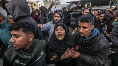 Imagen del entierro el pasado jueves de los cinco periodistas muertos en un ataque israelí en Gaza