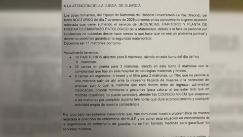 El escrito de las matronas enviado al Juzgado de Guardia.