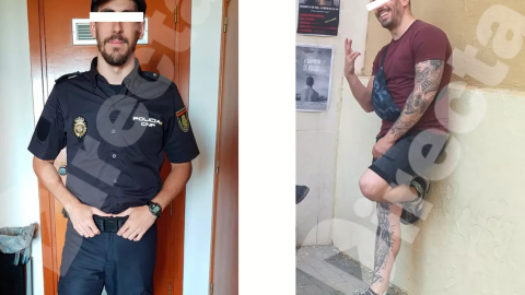 A l'esquerra, l'agent D. H. P. durant el pas per l'escola de Policia Nacional d'Àvila. A la imatge de la dreta es poden apreciar els tatuatges que es va realitzar entre 2020 i 2021