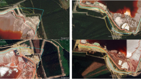 Imágenes de satélite que según los ecologistas demostrarían que Alcoa lleva desde 2020 ejecutando sin licencia el proyecto de ampliación de la balsa de lodos tóxicos.