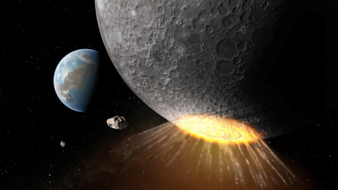 Una ilustración que representa el impacto de un asteroide cerca del polo sur de la Luna hace unos 3.800 millones de años y formó dos grandes cráteres.