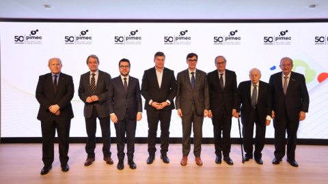 Els expresidents de la Generalitat en l'acte de cloenda de la celebració del 50è aniversari de la patronal Pimec.