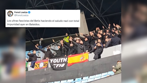 Grupo de ultras del Betis en el Estadio de Balaídos, del Celta de Vigo.