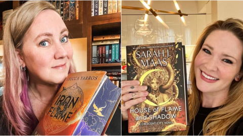 Las autoras Rebecca Yarros (i) y Sarah J. Maas, junto con sus respectivas novelas.