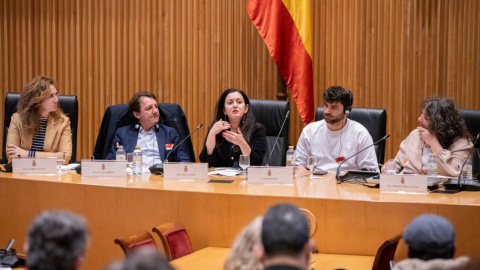 De izquierda a derecha, Estrella Galán, Pasquale Tridico, Leïla Chaibi, Kemal Bilmez y Virginia Pérez Alonso.