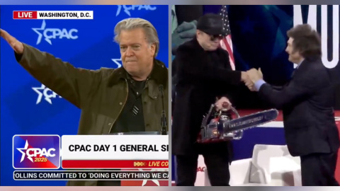 Steve Bannon hace el saludo nazi y Javier Milei regala una motosierra a Elon Musk en la cumbre ultraderechista CPAC.