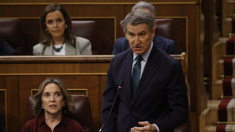 La secretaria general del PP, Cuca Gamarra y el presidente del PP, Alberto Núñez Feijóo, durante una sesión de control al Gobierno en el Congreso de los Diputados.