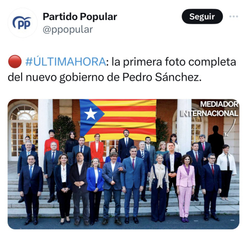 Tuit del PP sobre el nuevo Gobierno, que luego ha borrado.