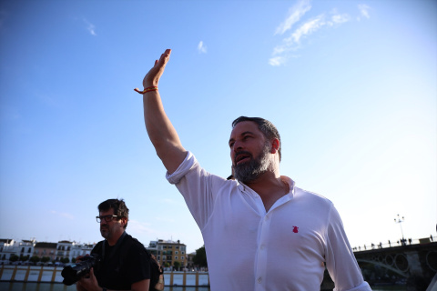  El presidente de Vox, Santiago Abascal a su llegada al mitin el 25 de mayo de 2023, en Sevilla, (Andalucía, España). Joaquin Corchero / Europa Press