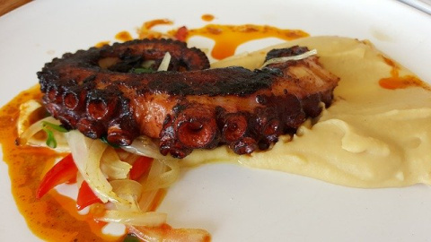 Pulpo frito con crema de patatas