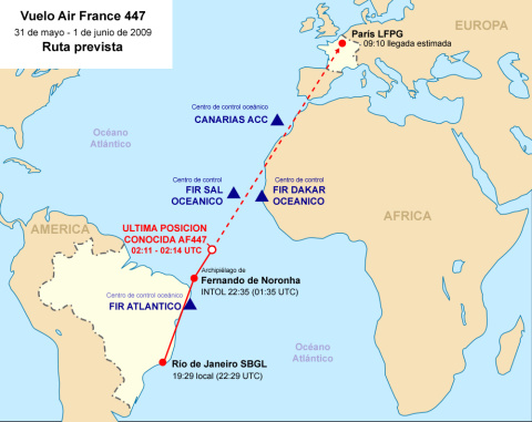 Ruta prevista del vuelo Air France 447, 31 de mayo - 1 de junio de 2009.