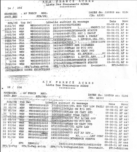 Últimos mensajes ACARS transmidos por el vuelo Air France 447, 01/06/2009 02:11-02:14 UTC