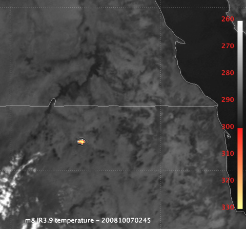 El asteroide 2008 TC3 detona sobre el Desierto de Nubia, Sudán, en imagen tomada por el satélite Meteosat-8.