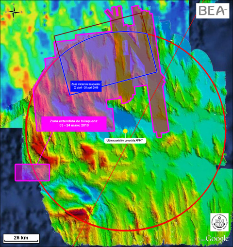 Áreas cubiertas en la 3ª fase de la búsqueda del Air France 447, 02/04 - 24/05/2010