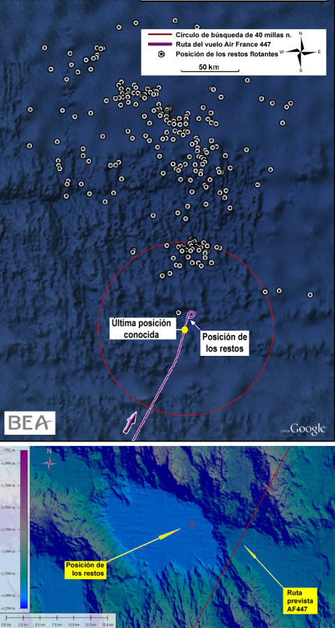 Posición de los restos del AF447.