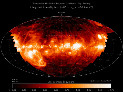 Distribución de gases ionizados en parte de nuestra galaxia, registrada por el Wisconsin H-Alpha Mapper (WHAM) Northern Sky Survey.