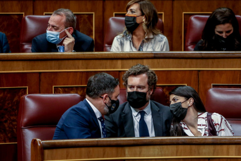  (I-D) El presidente de Vox, Santiago Abascal; el portavoz parlamentario de Vox, Iván Espinosa de los Monteros, y la secretaria general de Vox en el Congreso, Macarena Olona, en una sesión plenaria en el Congreso de los Diputados, a 14 de d