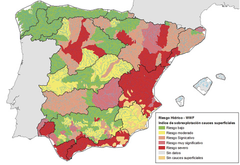  Imagen: Mapa de riesgo hídrico en España (no incluye Canarias ni Ceuta ni Melilla).- ELABORADO POR WWF ESPAÑA.