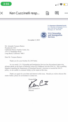 Pantallazo de la carta que recibió el CMSC del director de USCIS, Kenneth Cuccinelli