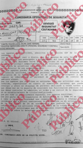 Denuncia interna firmada por varios agentes del GAP de la Policía Local de Palma por los privilegios de l local Bierkonig.