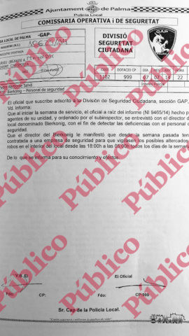 Informe policial exculpando al local Bierkonig del grupo PABISA por no contar con vigilancia de seguridad y utilizar para ello a la Policía Local de Palma.