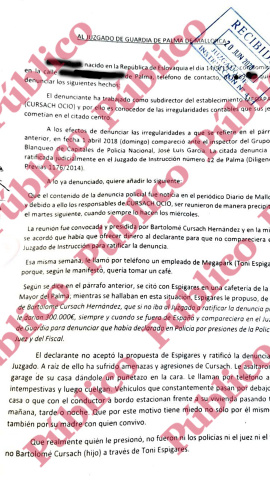 Copia sellada por el Juzgado 4 de Palma de la denuncia del testigo atacado por sicarios.