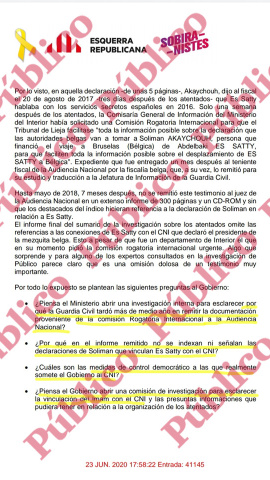 Segunda página del escrito de ERC a la Mesa del Congreso preguntando al Gobierno sobre las exclusivas de Público.