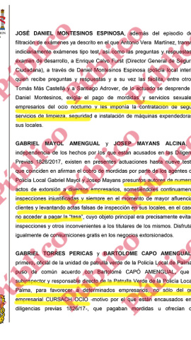 Página del auto del juez Morell donde se identifican las extorsiones y coacciones de policías locales a empresarios de Palma para beneficiar al Grupo Cursach.