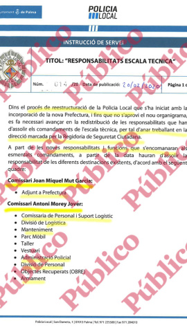 Instrucción de Servicio 014/20 que asciende a los comisarios Mut y Morey en la Policía Local.