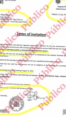 "Letter of Invitation" de Eugenio Pino a los técnicos israelíes para hacer las pruebas de campo del sistema de espionaje de móviles.