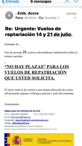 Uno de los correos de la Embajada de España en Ghana ante las peticiones de retorno de Ibrahim.