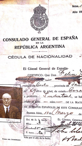 Documento de la cédula de nacionalidad del bisabuelo de Juan Manuel de Hoz emitida por el consulado de España en Argentina