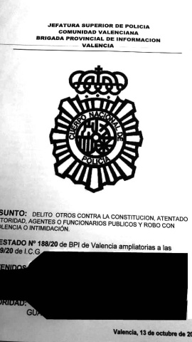 Portada del atestado elaborado por la Brigada Provincial de Información de la Policía Judicial de Valencia.