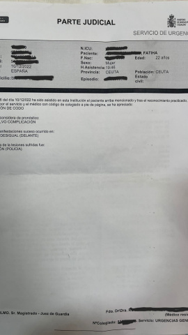 parte de lesiones de Ahmed tras acudir a Urgencias del Hospital de Ceuta.